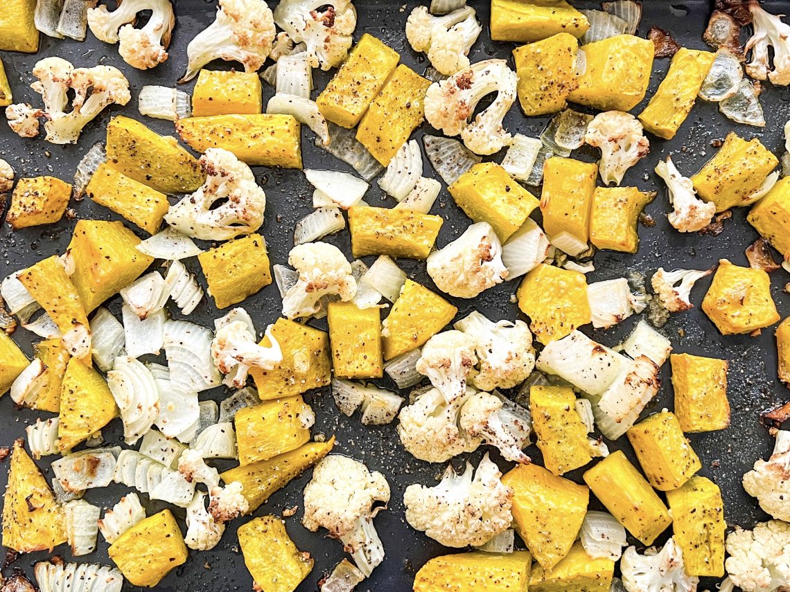 Photograph of Roasted Cauliflower and Onion Squash with Garlic