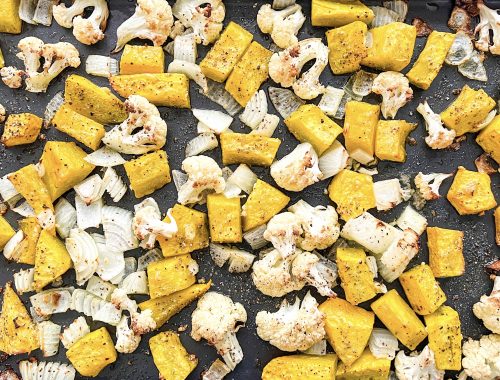 Photograph of Roasted Cauliflower and Onion Squash with Garlic