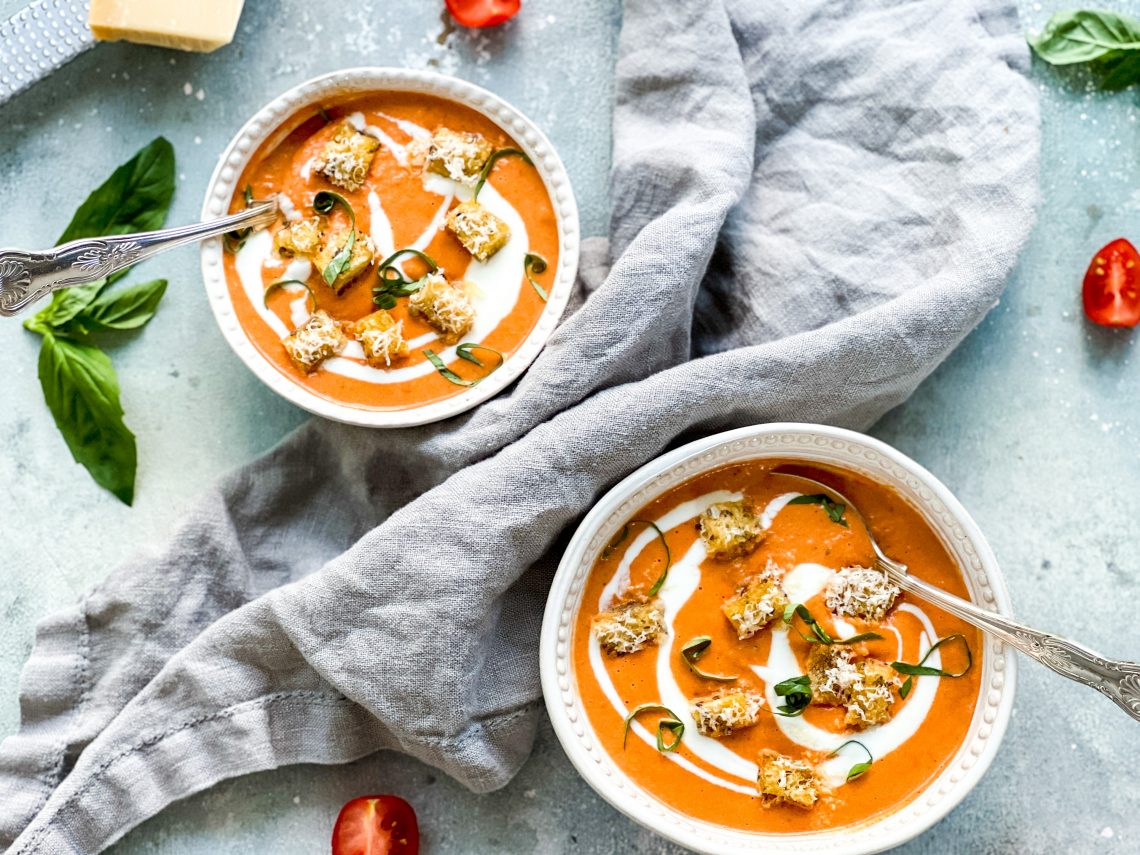 Photograph of Cream of Roast Tomato Soup with Sun-Dried Tomatoes and Parmesan Croutons