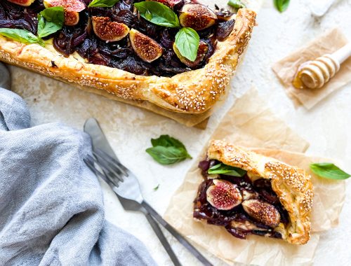 Photograph of Caramelised Red Onion and Goat's Cheese Galette with Fresh Figs and Basil