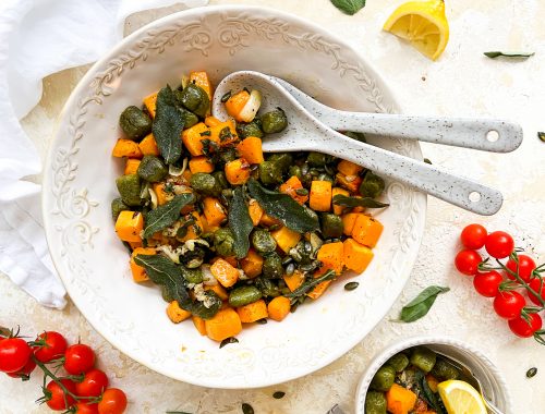 Photograph of Roast Spinach Gnocchi and Butternut Squash with Sage and a Roast Garlic and Chilli Brown Butter
