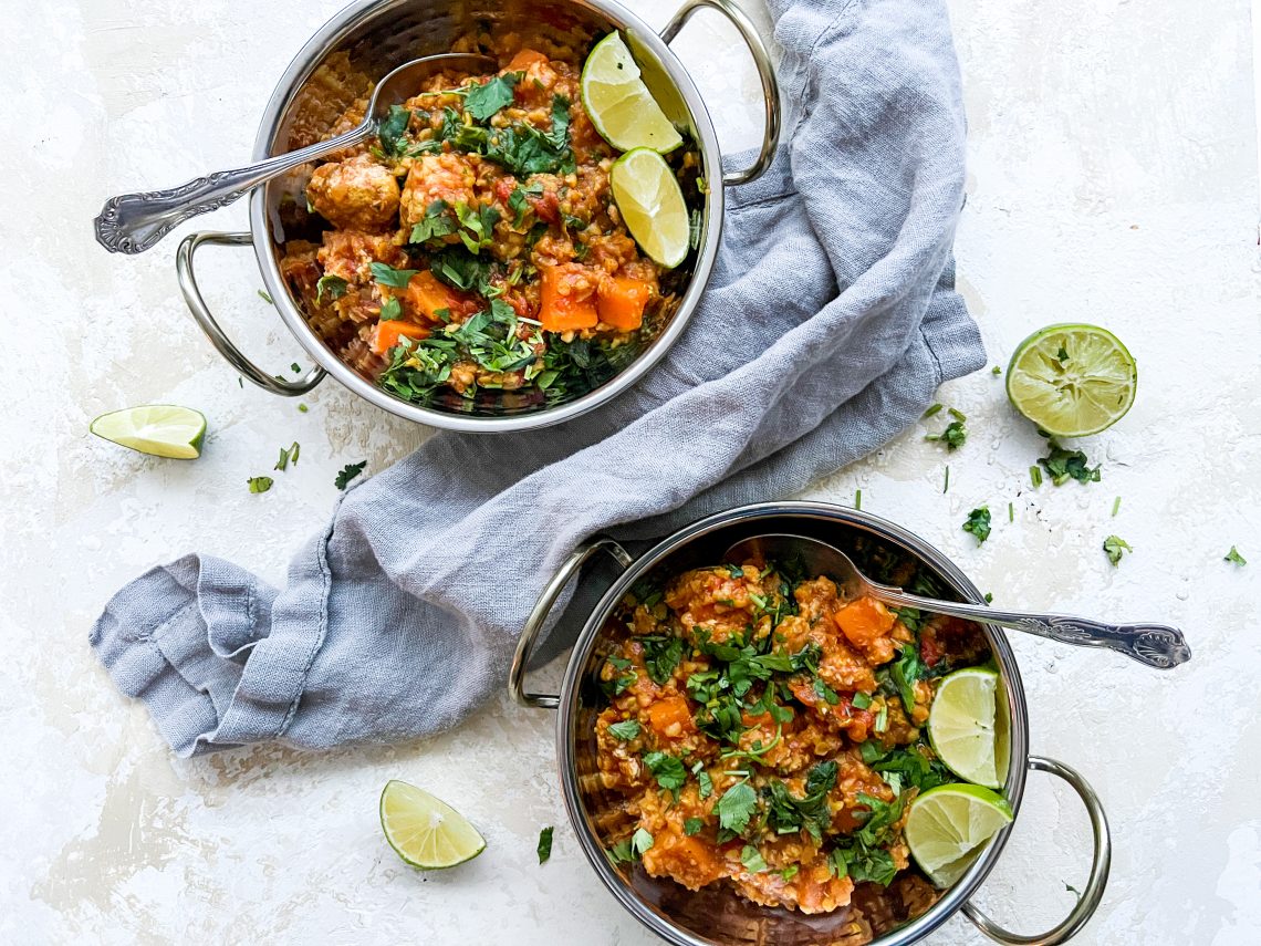 Photograph of Slow-Cooker Sweet Potato and Turkey Meatball Dhansak and Rice Casserole
