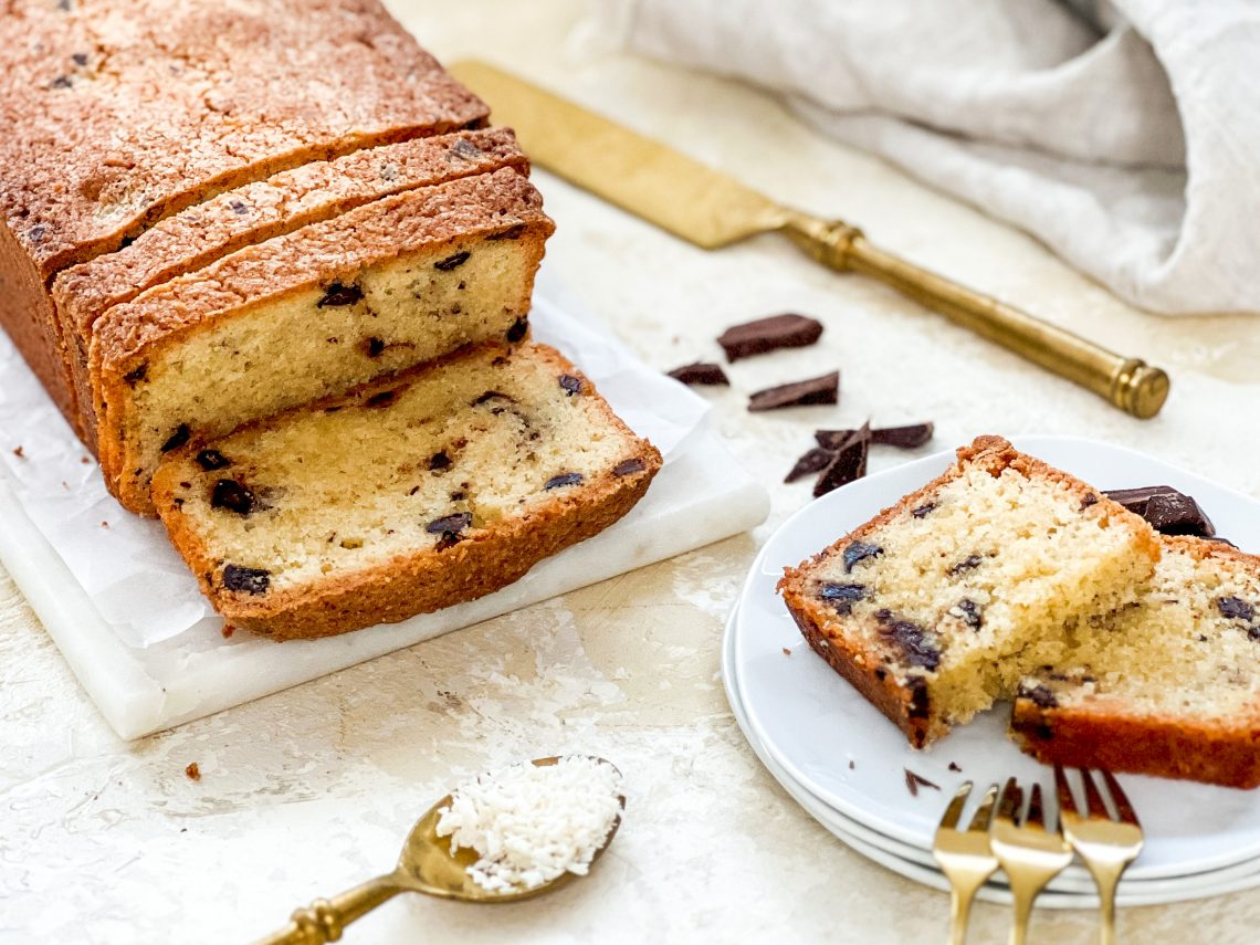 Photograph of Coconut, Almond and Chocolate Loaf Cake
