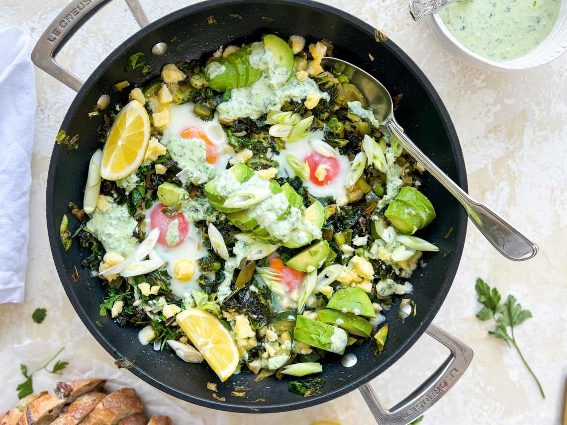 Photograph of Green Shakshuka with Leeks, Laverbread and `Caerphilly Cheese, Yoghurt with Green Chilli Oil