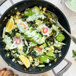 Green Shakshuka with Leeks, Laverbread and Caerphilly Cheese, Yoghurt with Green Chilli Oil