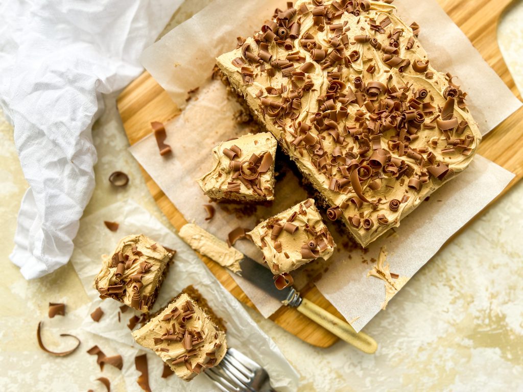 Photograph of Coffee Cake Slice with Coffee Buttercream and Chocolate Curls