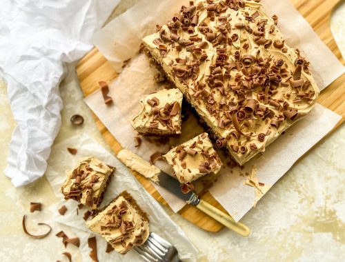 Photograph of Coffee Cake Slice with Coffee Buttercream and Chocolate Curls