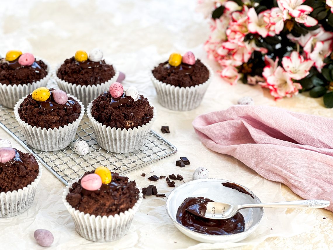 Photograph of Double Chocolate Chip Muffins with Chocolate Streusel and Chocolate Mini Eggs