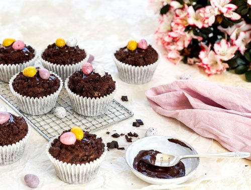 Photograph of Double Chocolate Chip Muffins with Chocolate Streusel and Chocolate Mini Eggs