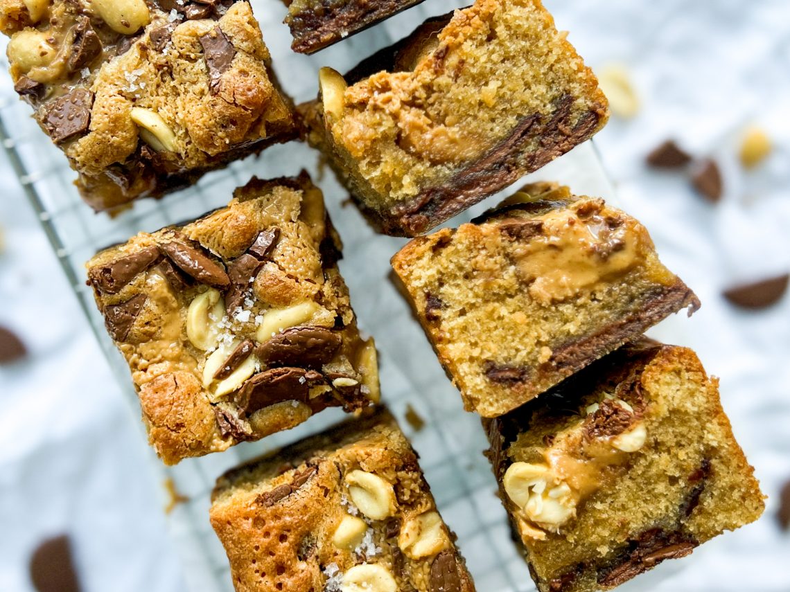 Photograph of Chocolate Chunk Peanut Butter Blondies with Salted Peanuts