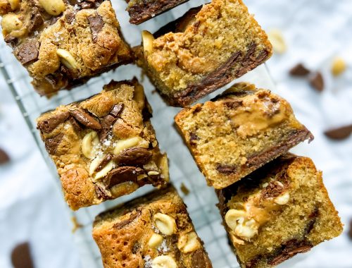 Photograph of Chocolate Chunk Peanut Butter Blondies with Salted Peanuts