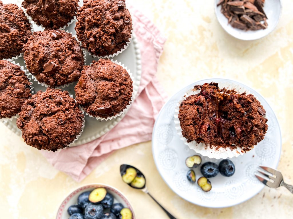 Photograph of Chocolate Chip and Blueberry Olive Oil Muffins with Chocolate Streusel Topping