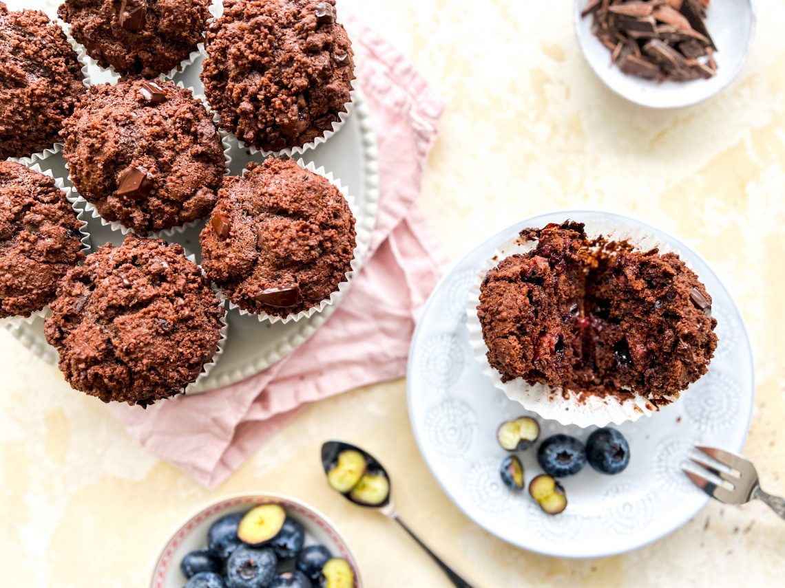 Photograph of Chocolate Chip and Blueberry Olive Oil Muffins with Chocolate Streusel Topping