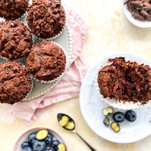 Photograph of Chocolate Chip and Blueberry Olive Oil Muffins with Chocolate Streusel Topping