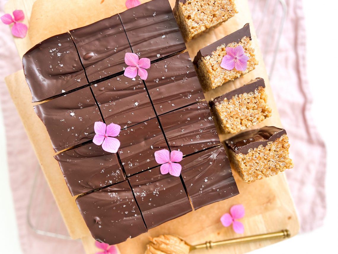 Photograph of Peanut Butter Rice Crispy Slice with Dark Chocolate and Sea Salt