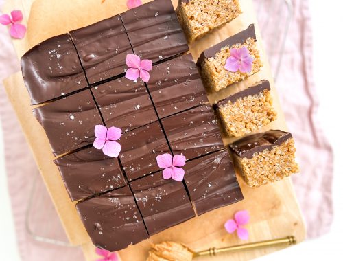 Photograph of Peanut Butter Rice Crispy Slice with Dark Chocolate and Sea Salt