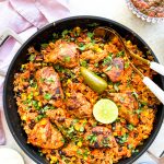 Photograph of Mexican Chicken served with Red Rice, Sweetcorn, Black Beans and Coriander