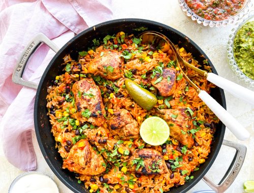 Photograph of Mexican Chicken served with Red Rice, Sweetcorn, Black Beans and Coriander