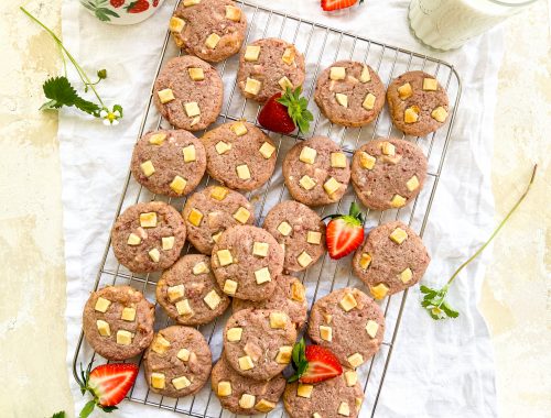 Photograph of Strawberries and Cream White Chocolate Chip Cookies