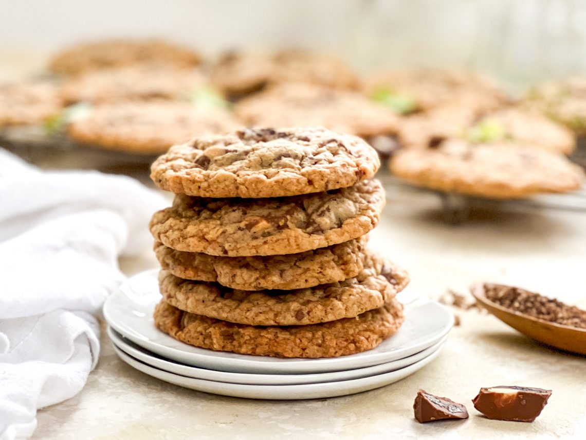 Photograph of Brown Butter Fruit and Nut Chocolate Chip Cookies with Oats and Coconut, finished with Smoked Salt