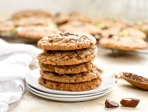 Photograph of Brown Butter Fruit and Nut Chocolate Chip Cookies with Oats and Coconut, finished with Smoked Salt