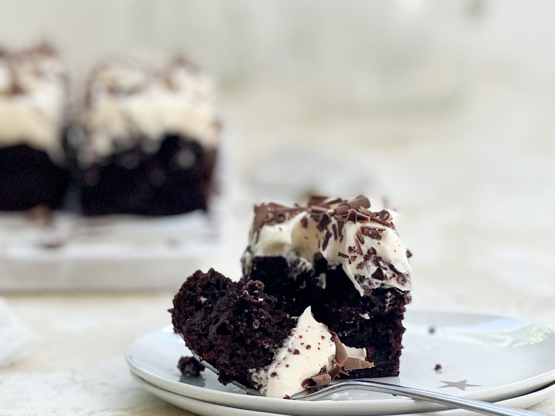 Photograph of Chocolate and Courgette Slice with Cream Cheese Frosting