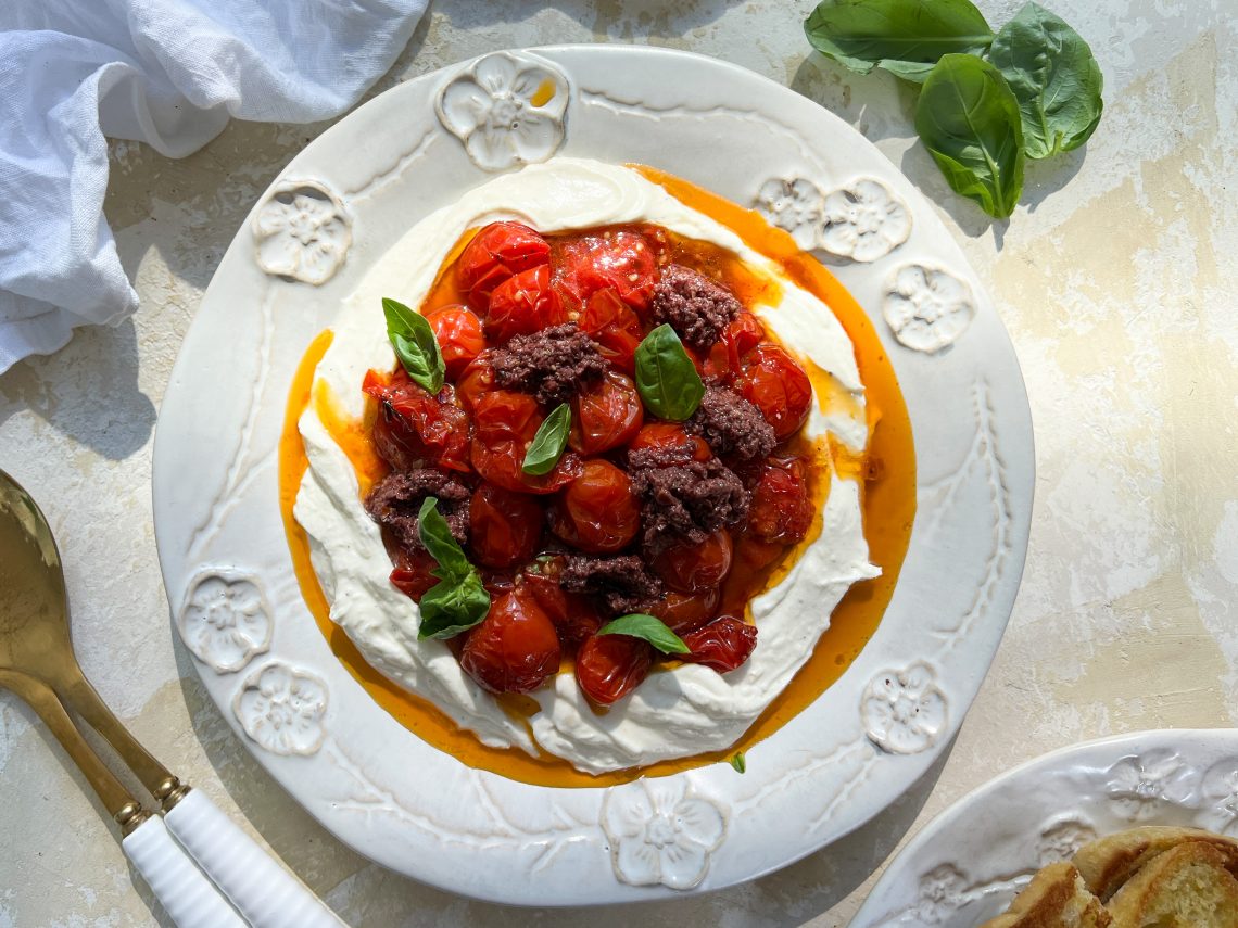 Photograph of Roasted Cherry Tomatoes, Black Olive Tapenade and Whipped Goat's Cheese Dip