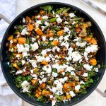 Photograph of Warm Salad of Roast Butternut Squash, Chickpeas and Broccoli with Red Rice, Spinach and Feta Cheese