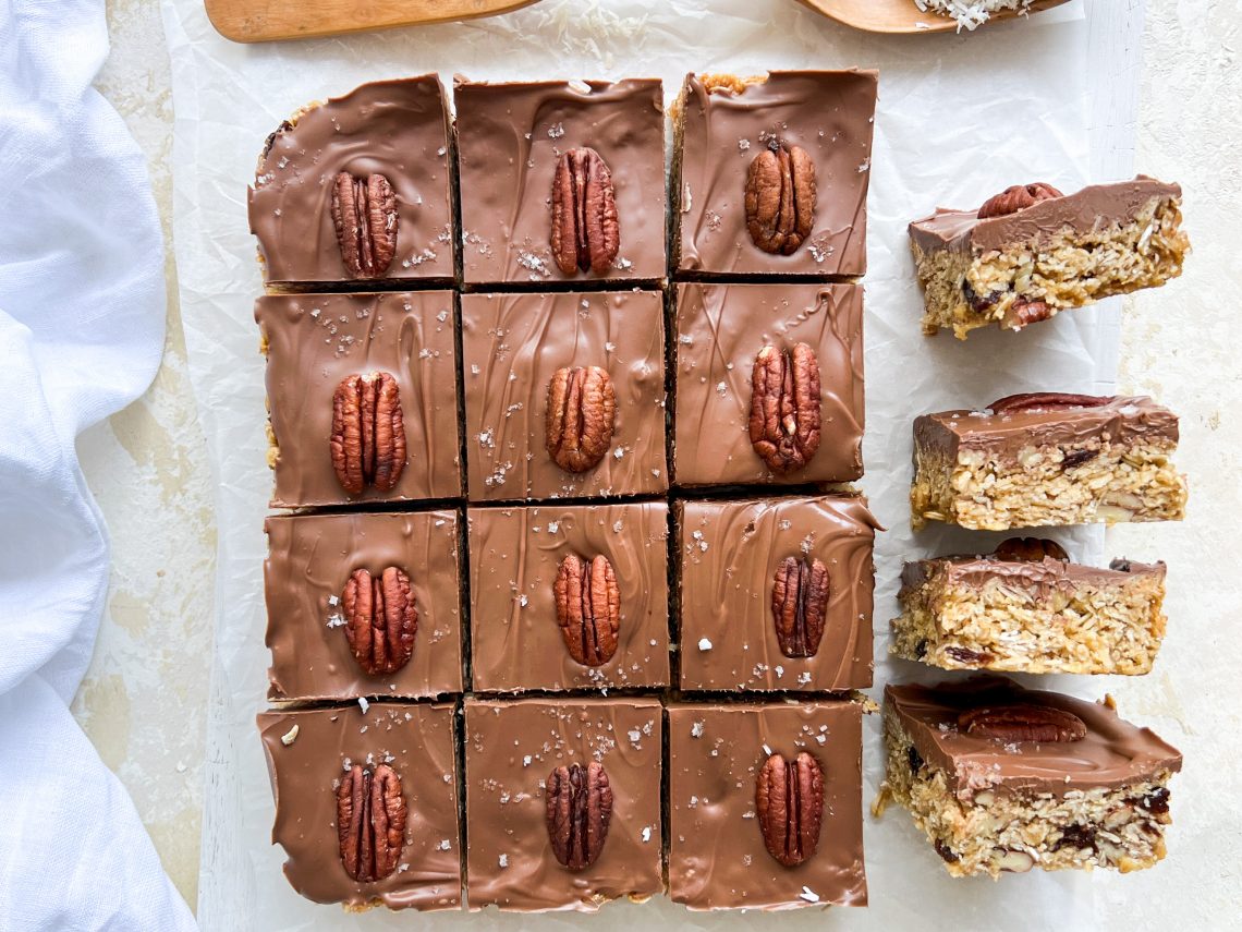 Photograph of Coconut Flapjacks with Pecan Nuts, Raisins and Salted Chocolate