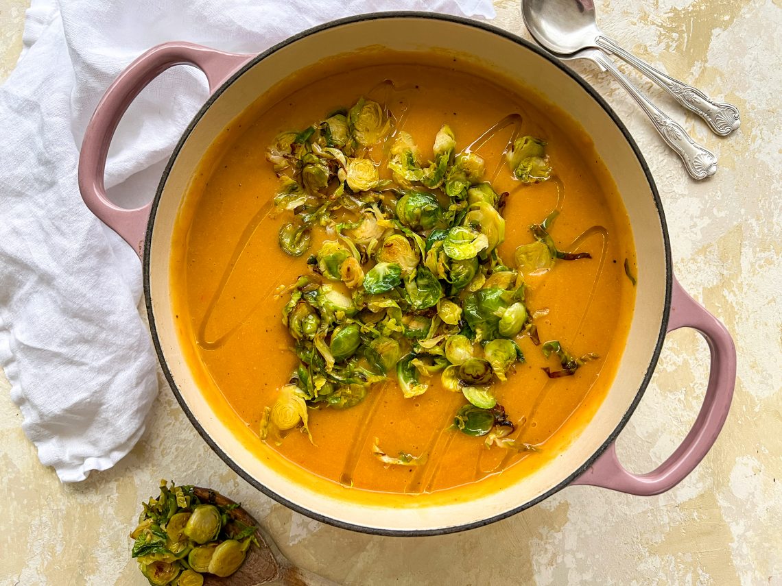 Photograph of Cream of (Left-Over) Mixed Vegetable and Red Lentil Soup with Shredded Brussels Sprouts Sautéed in Butter
