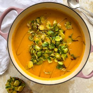 Photograph of Cream of (Left-Over) Mixed Vegetable and Red Lentil Soup with Shredded Brussels Sprouts Sautéed in Butter