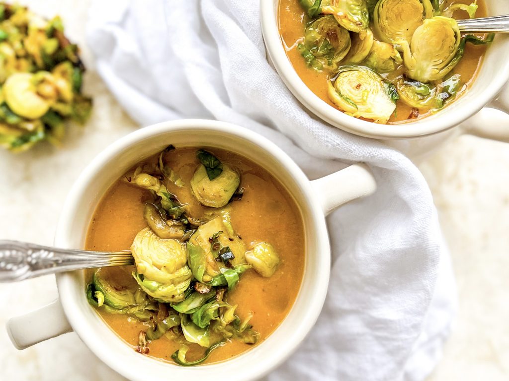 Photograph of Cream of (Left-Over) Mixed Vegetable and Red Lentil Soup with Shredded Brussels Sprouts Sautéed in Butter