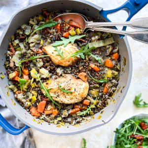 Photograph of One-Pan Chicken and Puy Lentils with Leek, Carrots, Fresh Herbs and Lemon