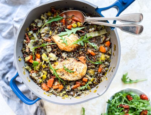 Photograph of One-Pan Chicken and Puy Lentils with Leek, Carrots, Fresh Herbs and Lemon