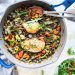 Photograph of One-Pan Chicken and Puy Lentils with Leek, Carrots, Fresh Herbs and Lemon