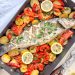 Photograph of Rick Stein's Baked Sea Bass with Roasted Red Peppers, Tomatoes, Anchovies and Potatoes