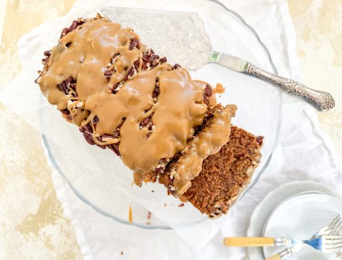 Photograph of Spicy Date Cake with Pecan Nuts and a Salted Tahini Caramel - Vegan, Gluten and Processed Sugar-free