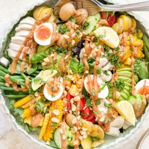 Photograph of Warm Chicken and Potato Platter with Sweetcorn, Mango, Avocado and a Spicy Peanut Dressing