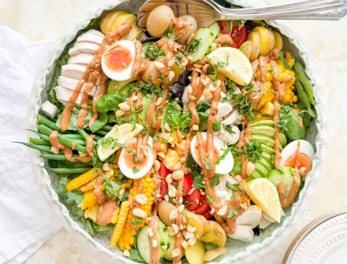 Photograph of Warm Chicken and Potato Platter with Sweetcorn, Mango, Avocado and a Spicy Peanut Dressing
