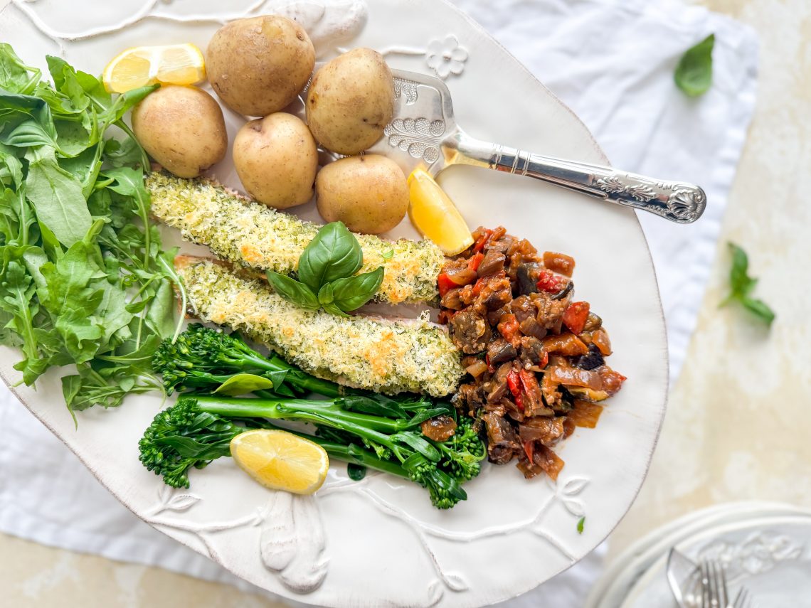 Photograph of Delia’s Roasted Salmon Fillets with Crusted Basil Pesto Topping