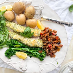 Photograph of Delia’s Roasted Salmon Fillets with Crusted Basil Pesto Topping
