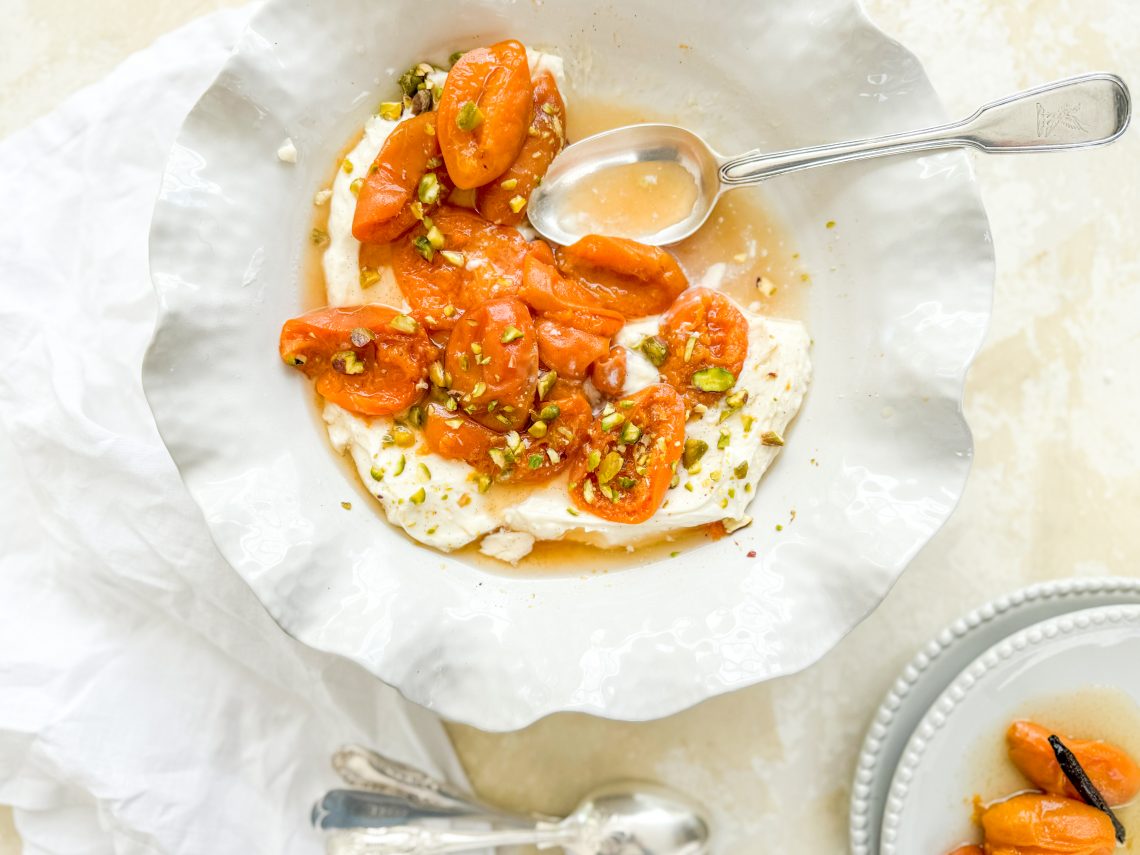 Photograph of Angela Hartnett’s Poached Apricots with Whipped Vanilla Ricotta