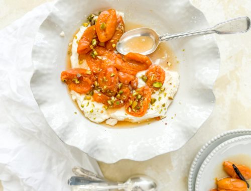 Photograph of Angela Hartnett’s Poached Apricots with Whipped Vanilla Ricotta