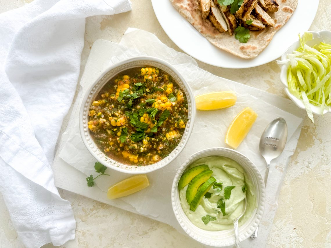 Photograph of Sweetcorn and Tomato Salsa as well as Avocado Yoghurt